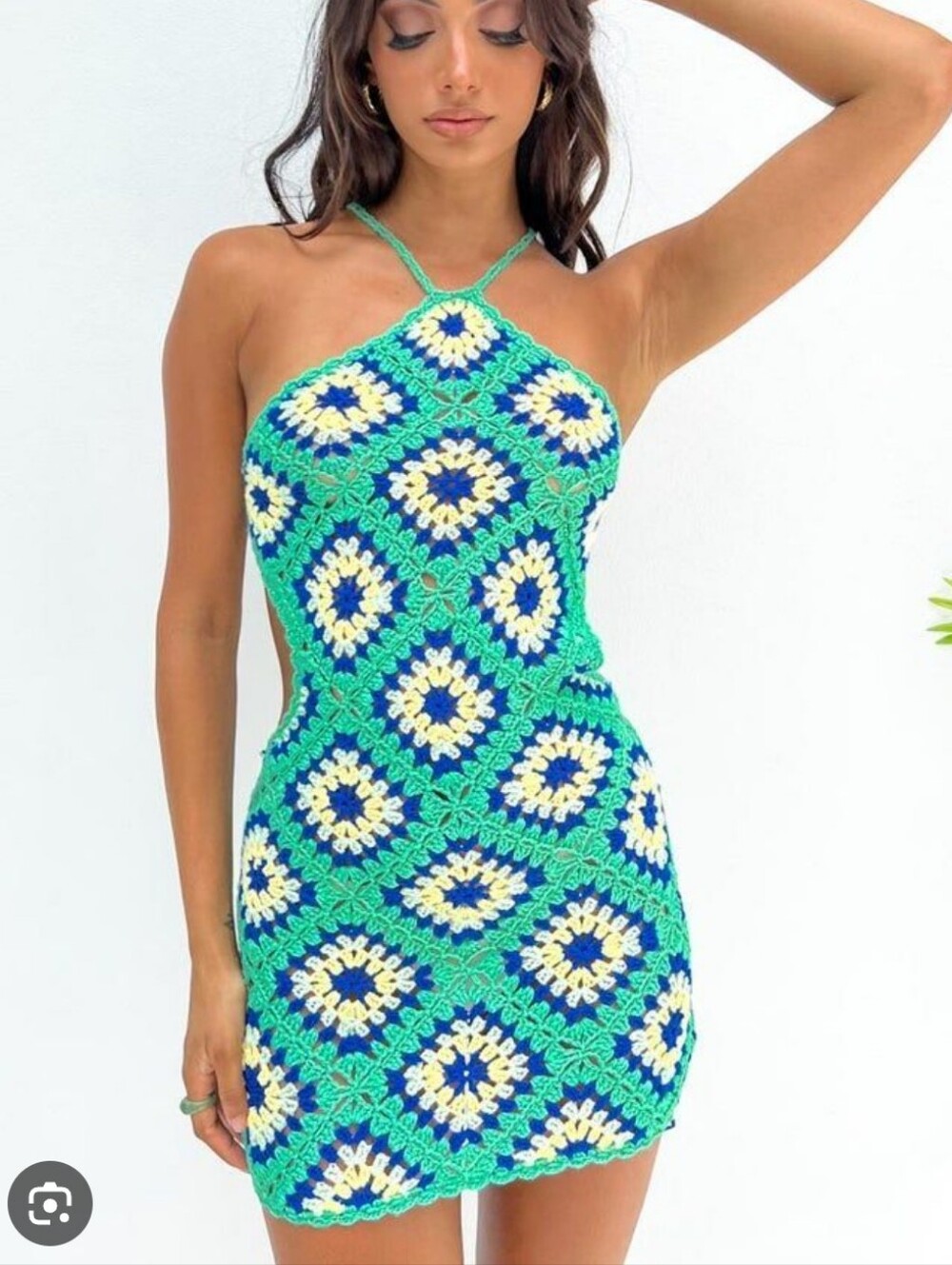 Debut Crochet Halter Mini Dress in Teal, Blue & Cream